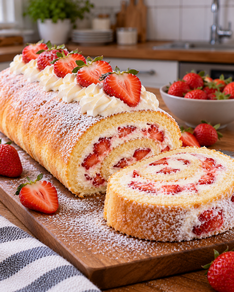 Biskuitrolle mit Erdbeeren